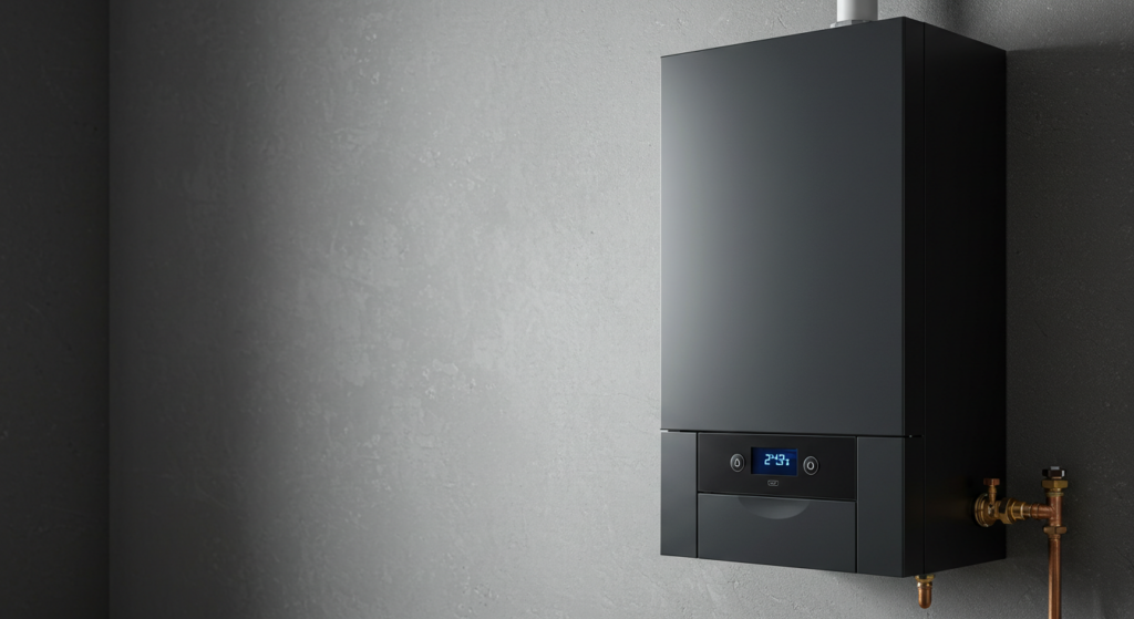 Boiler Installation in Jackson, WY 1 A gas boiler installed on a wall, emphasizing its functionality and integration into residential heating systems.