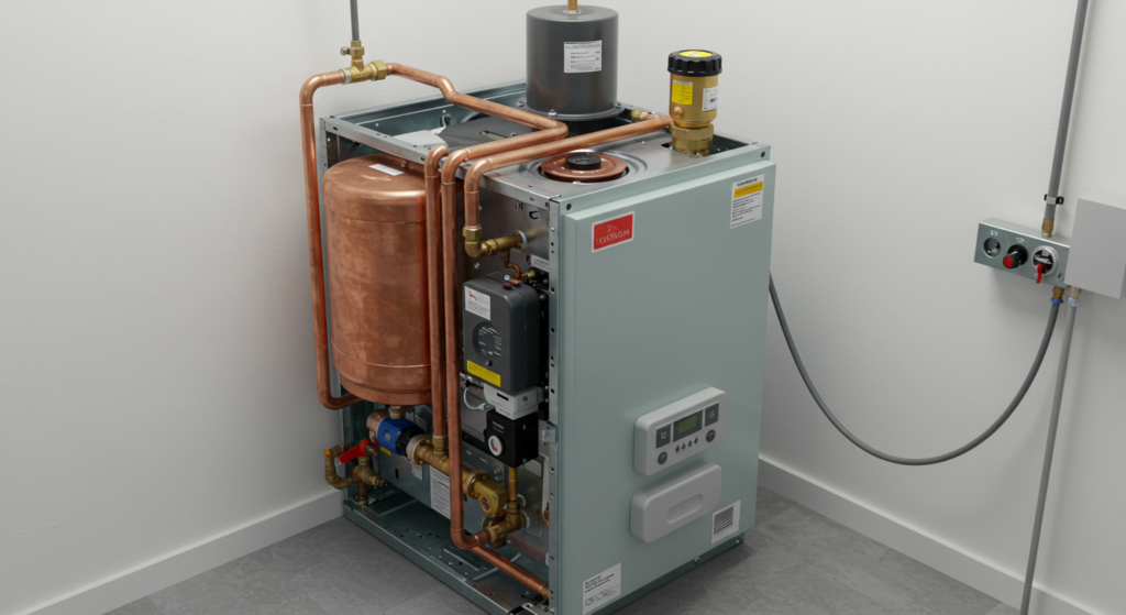 Ductless AC Installation in Jackson, WY 1 A gas furnace with copper pipes alongside a water heater